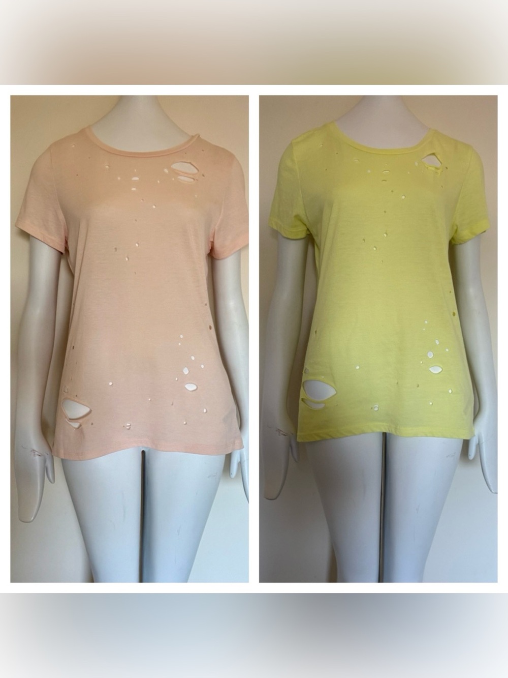 Forever 21 Bundle of 2 Distressed Short Sleeve Tees in Peach and Lemon Large